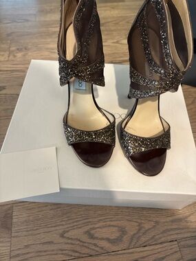 Jimmy Choo Brown Glitter Strappy Open-Toe Heels